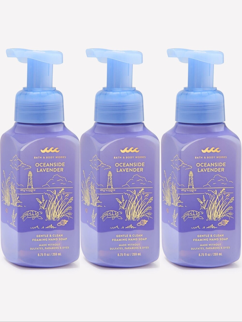 Bath & Body Works Oceanside Lavender Gentle Foaming Hand Soap Set of 3 NEW RARE